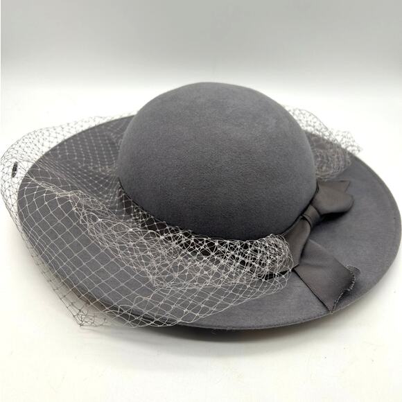 Mr K Originals Vintage Wool Wide Brim Hat S Netted Veil Bow Gray Bollman 21.25\